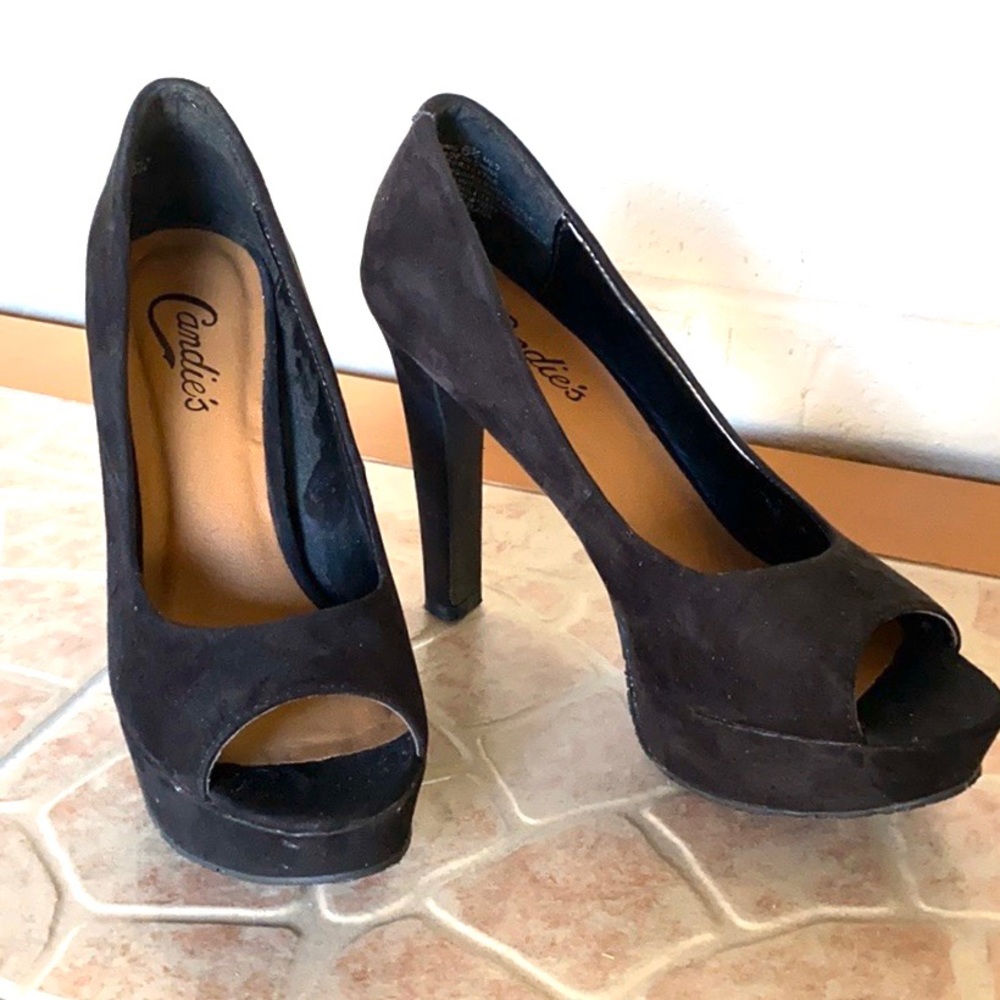 Black suede pumps peep toe Size 6.5, 4 inch heel